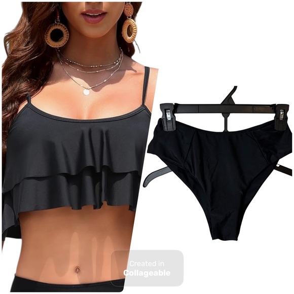 SALE!!! Ruffled Black Bikini with Strappy Details - Picture 1 of 5